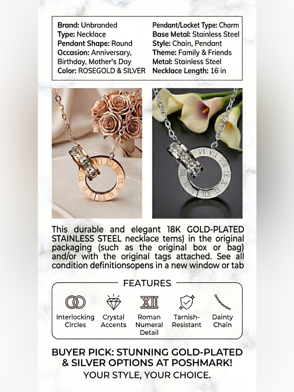 Stainless Steel Rose Gold or  Silver Roman Numeral Interlocking Circle Necklace